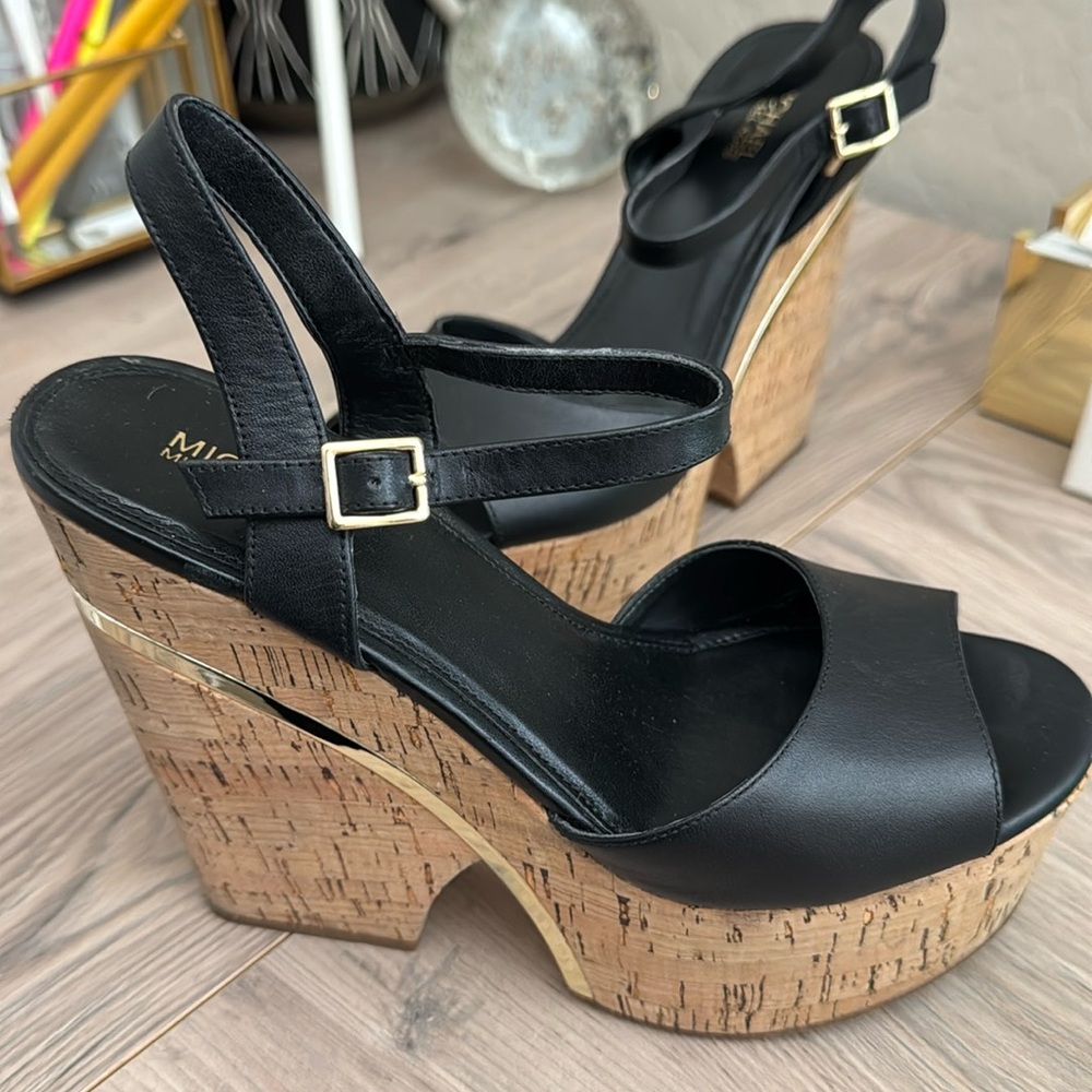 Michael Kors black gold and cork platform wedges